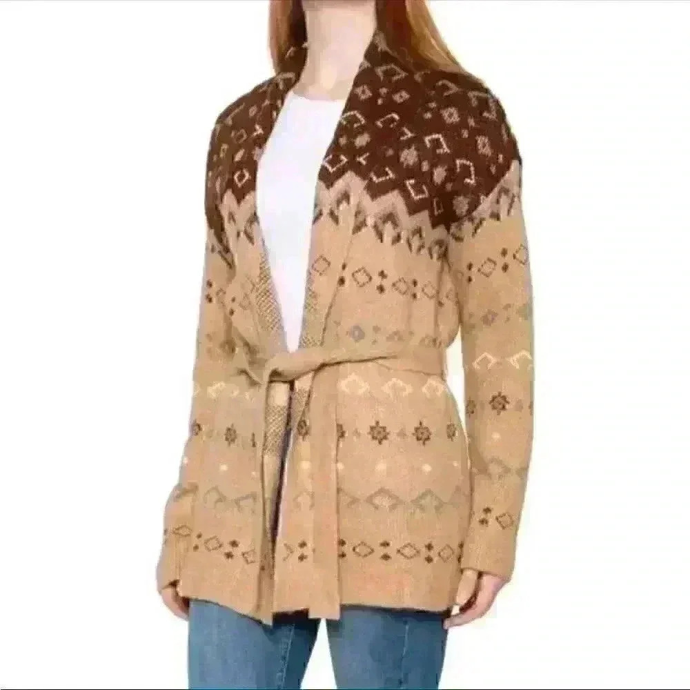 NWT Lucky Brand Fair Isle Cardigan Sweater in Brown/Tan Sz S *no belt
